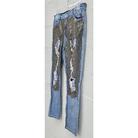 Vtg Y2K Litz Jeans 29 Extreme Distressed Glitzy Metallic Sequin Straight Leg - Picture 2 of 12